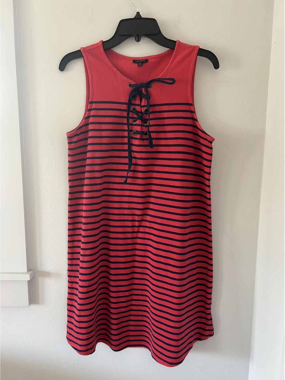 Talbots 100% Cotton Red and Blue Striped Lace Up Pique Dress Women’s Large